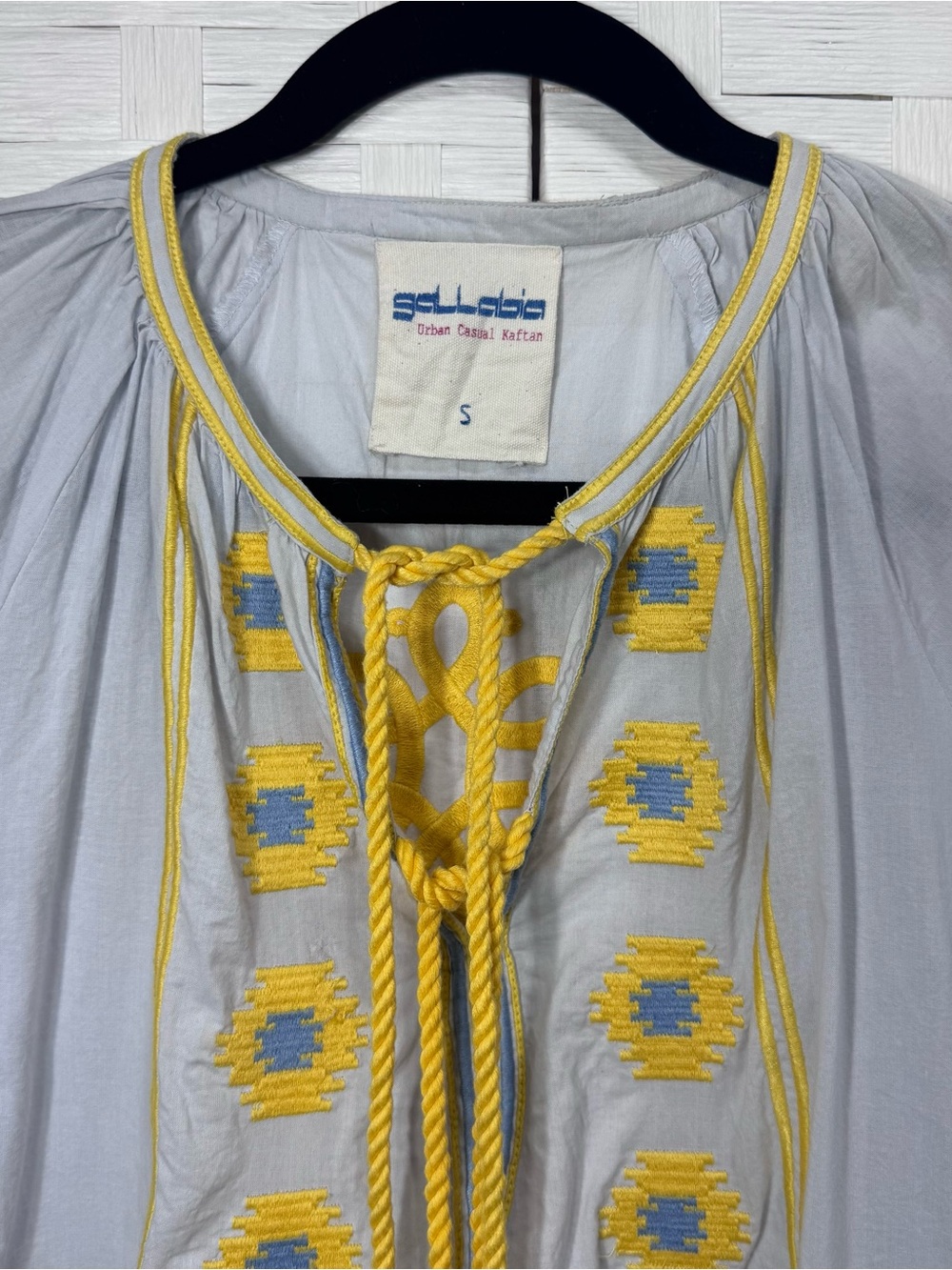 J Crew GALLABIA URBAN CASUAL Blue Yellow Embroidered Tunic Dress No Belt Size S - Picture 5 of 12